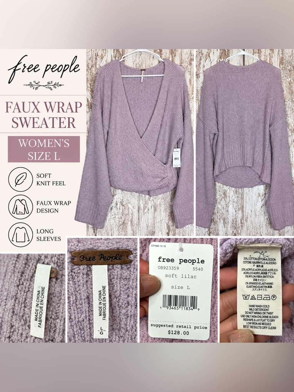 Free People Faux Wrap Sweater Women’s L Soft Lilac Purple NWT